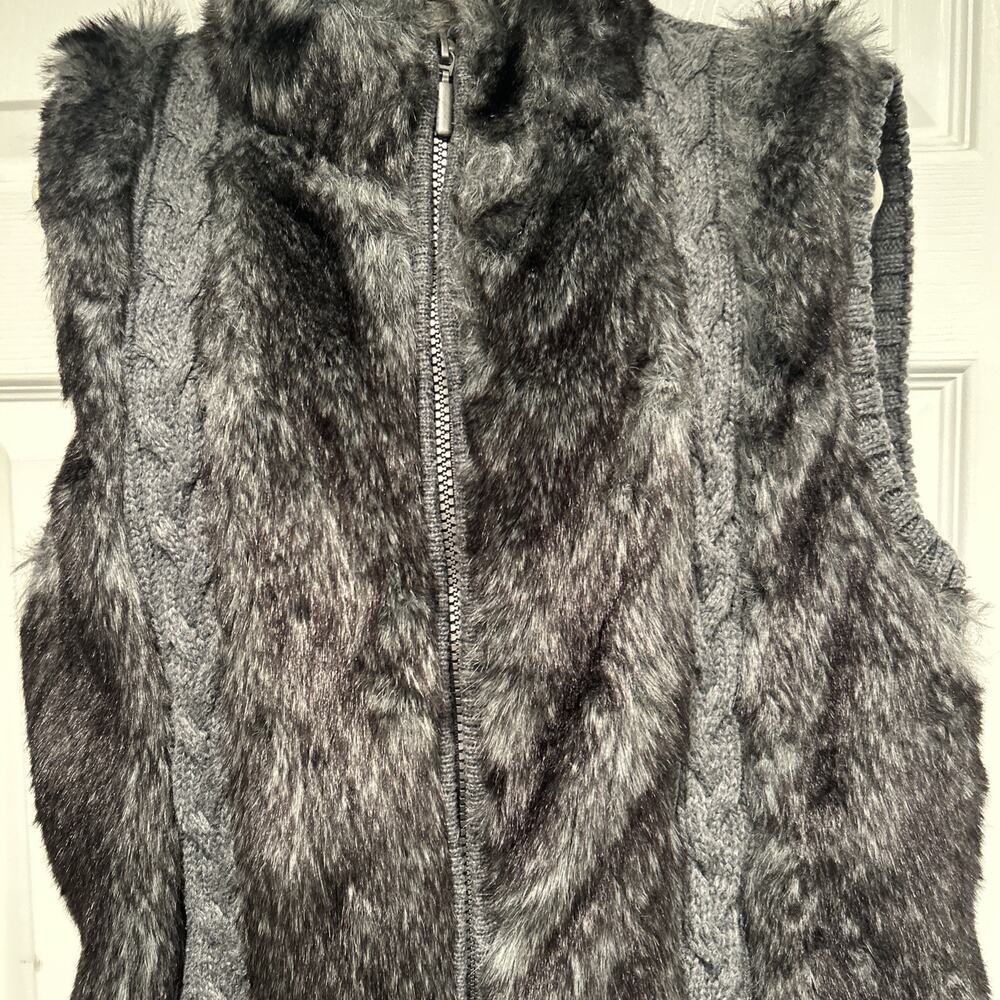 Vintage Y2k Cozy Chic Cable Knit Wool Faux Fur Zipper Front Vest Womens XL Karte